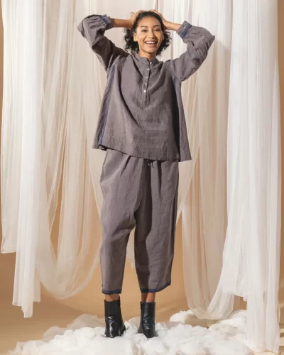 Handwoven Storm Gray Linen Long Sleeve Blouse
