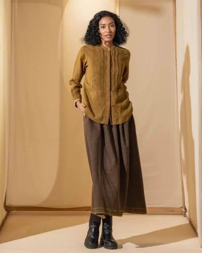 Dull Mustard Linen Pintuck Blouse