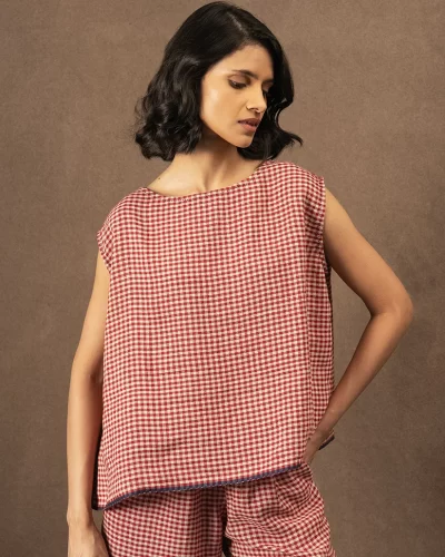 Red Check Linen Blouse