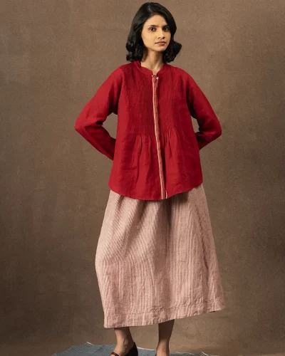Red Stripe Gathered Linen Skirt