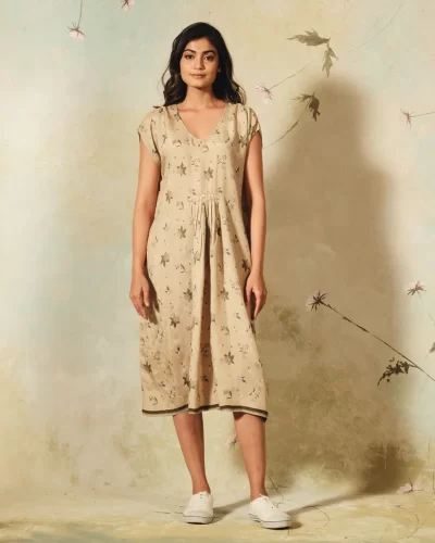 Handwoven Silk Floral Dress in Taupe