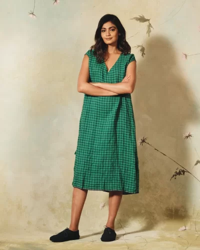 Handwoven Emerald Check Linen Dress