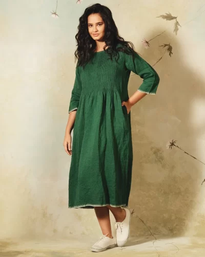 Handwoven Emerald A-Line Linen Dress