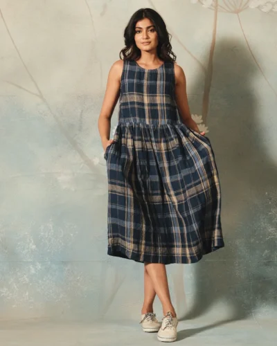 Navy Handwoven Linen Check Dress