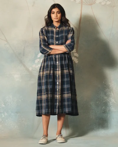 Beige Handwoven Linen Check Dress