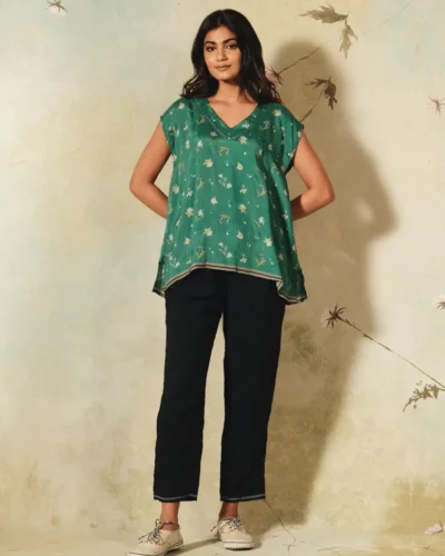 Handwoven Silk Printed Emerald Top