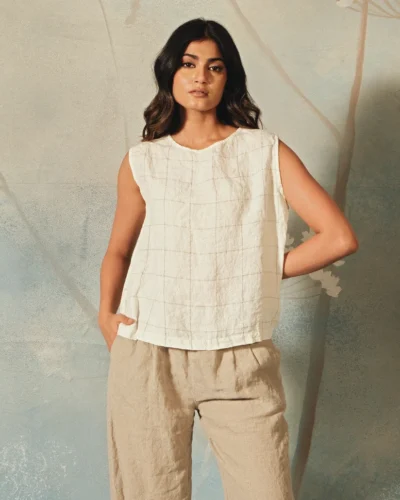 Handwoven Linen White Check Top