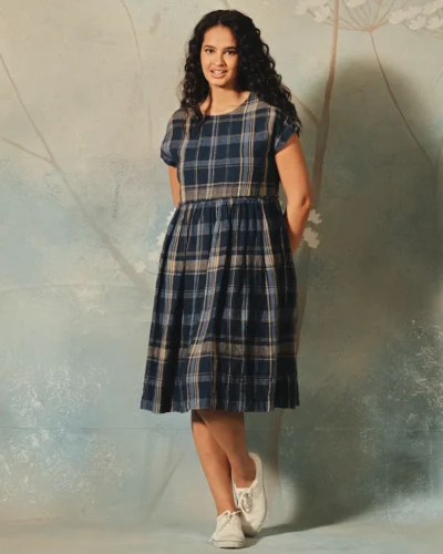 Handwoven Navy Check Linen Dress