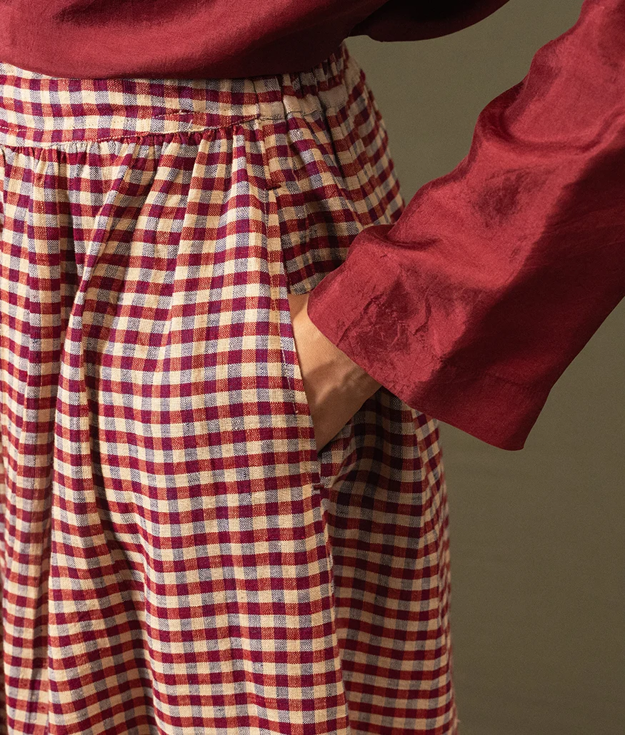 Handwoven Check Linen Skirt – Barn Red - Image 3