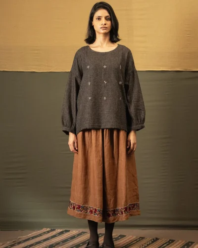 Handwoven French Beige Linen Skirt
