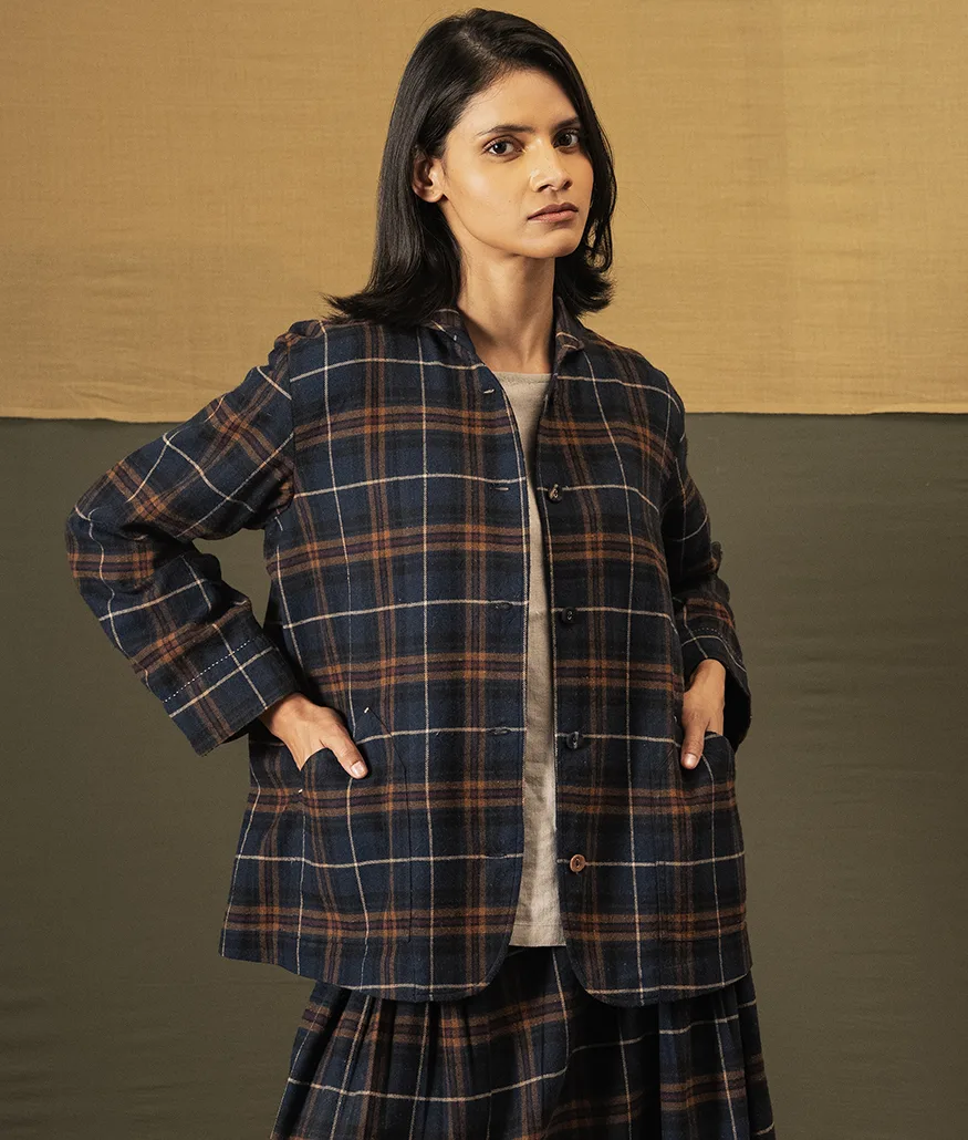 Brushed Cotton Check Jacket – Navy - Image 3