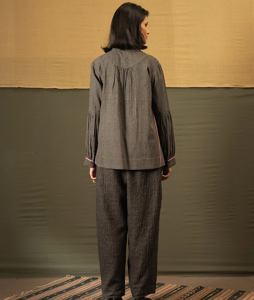 Handwoven Cotton Check Blouse – Beige & Black - Image 2