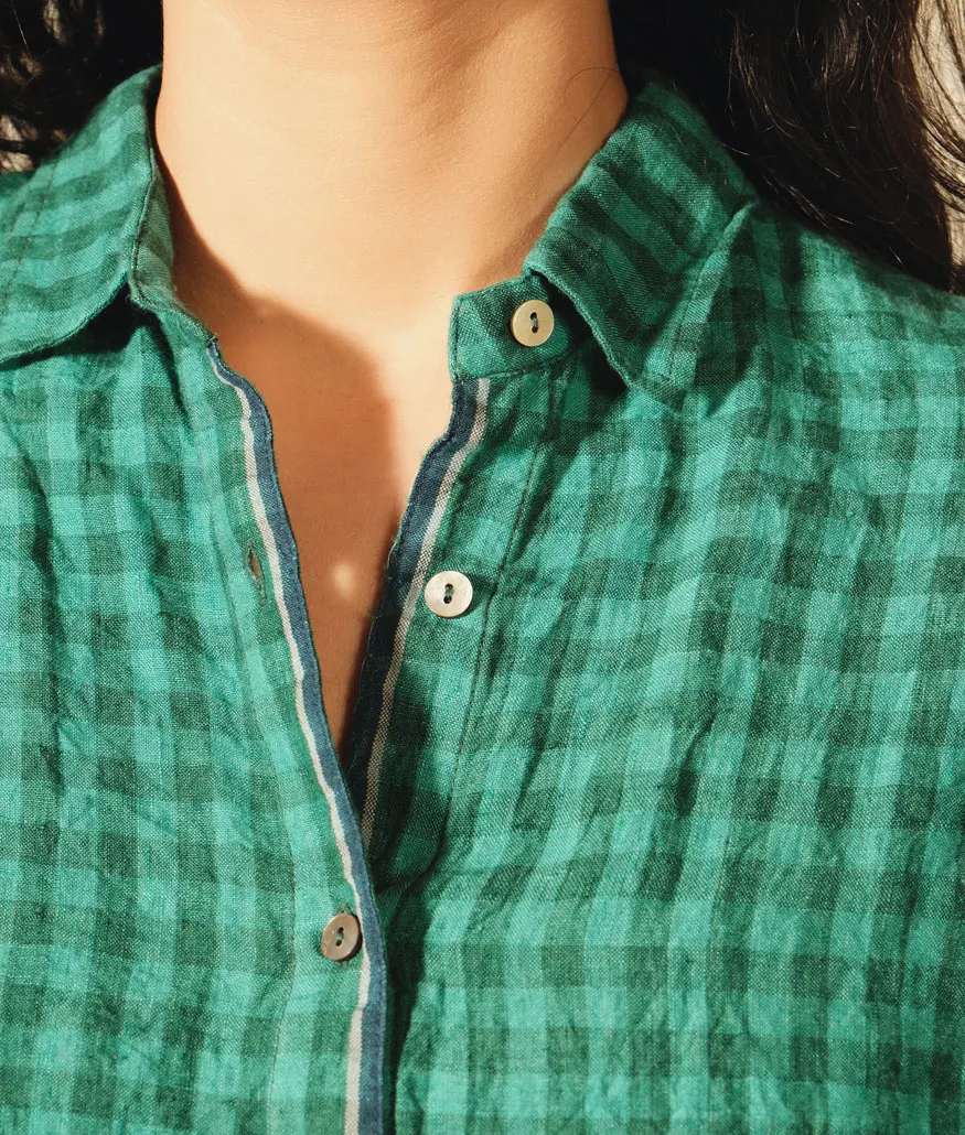 Handwoven Green Check Linen Shirt - Image 3