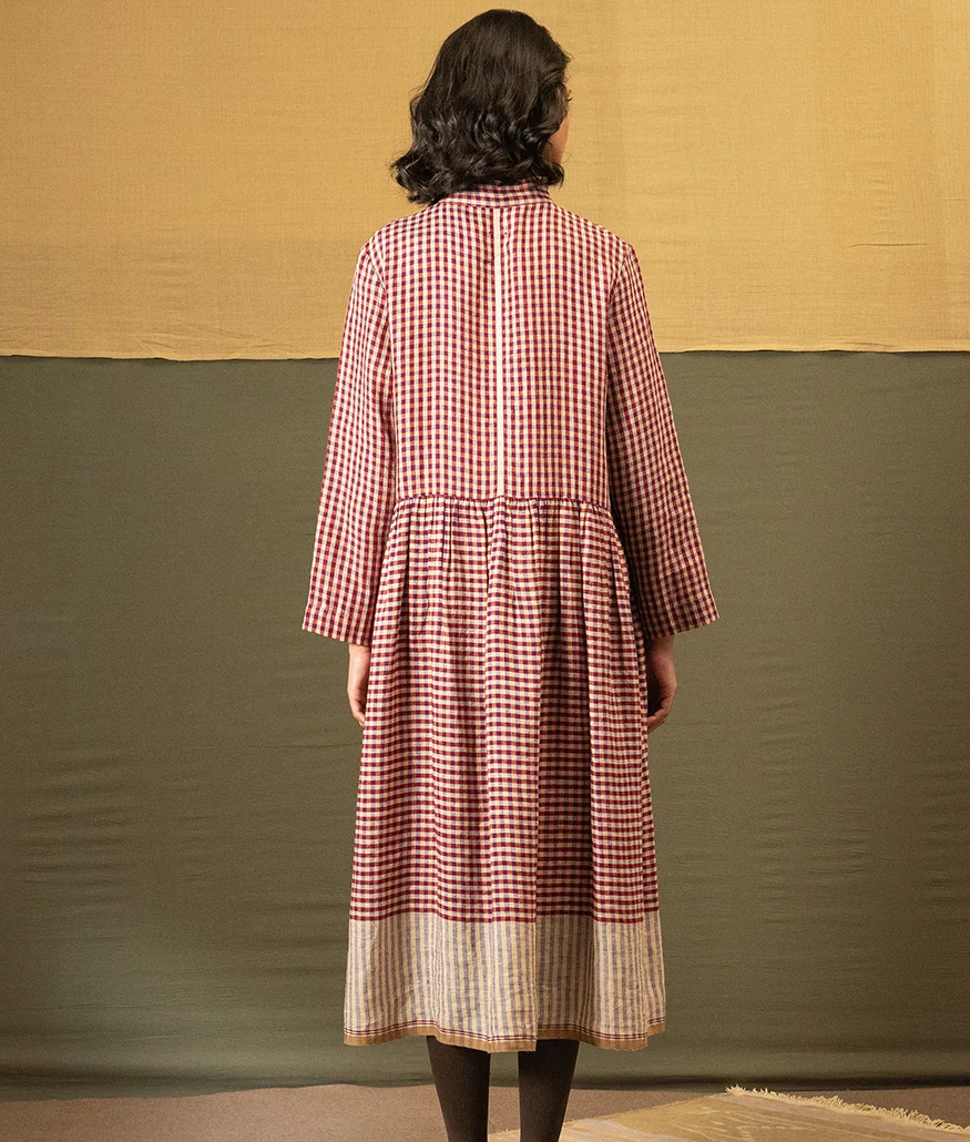 Handwoven Check Linen Dress – Barn Red - Image 2