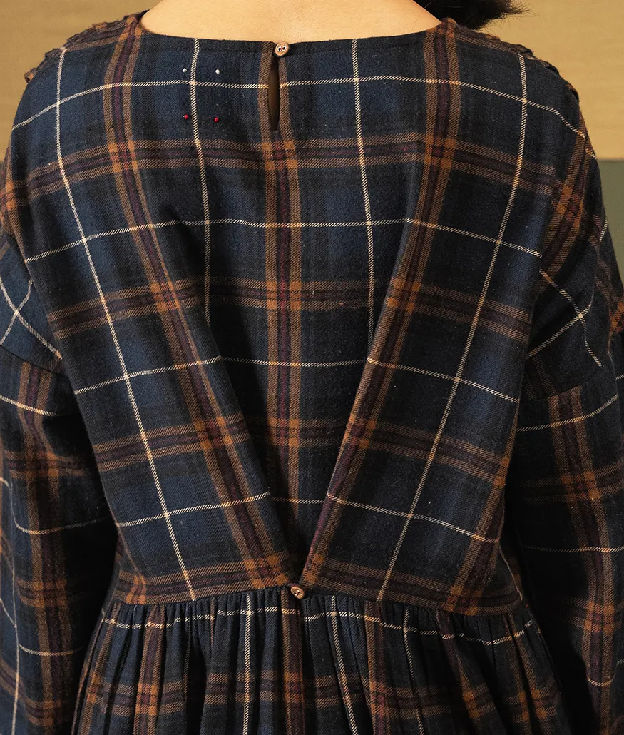 Navy Brushed Cotton Check Dress - Image 3