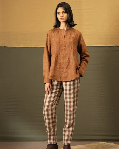 Handwoven Check Linen Pants – French Beige