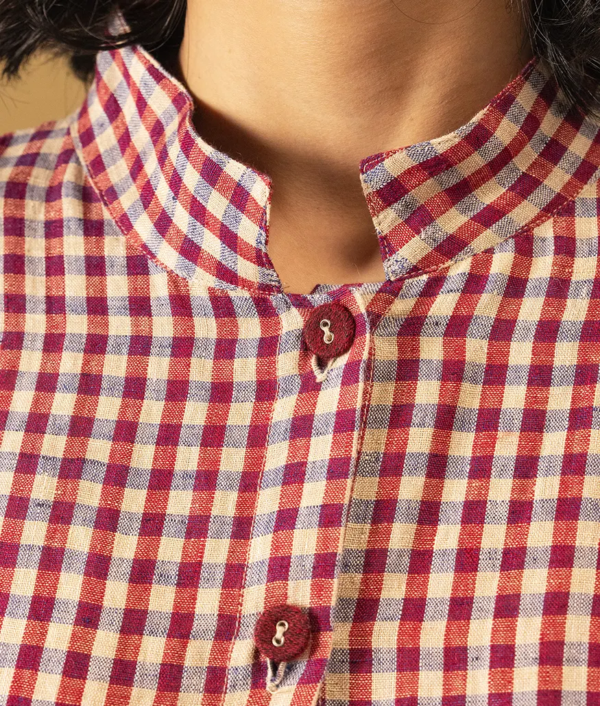 Handwoven Check Linen Dress – Barn Red - Image 5