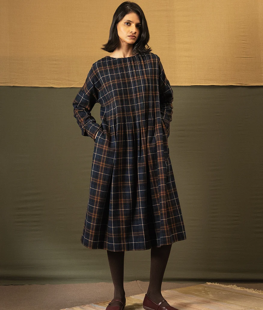 Navy Brushed Cotton Check Dress