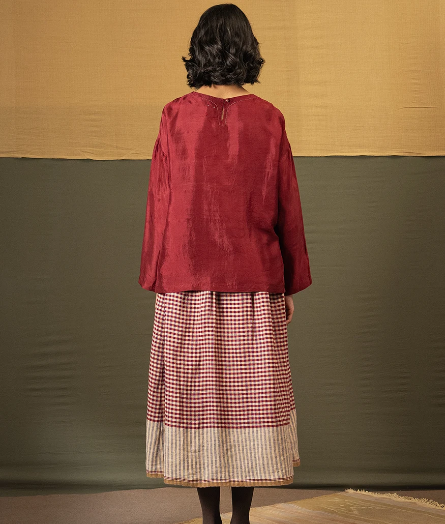 Handwoven Check Linen Skirt – Barn Red - Image 2
