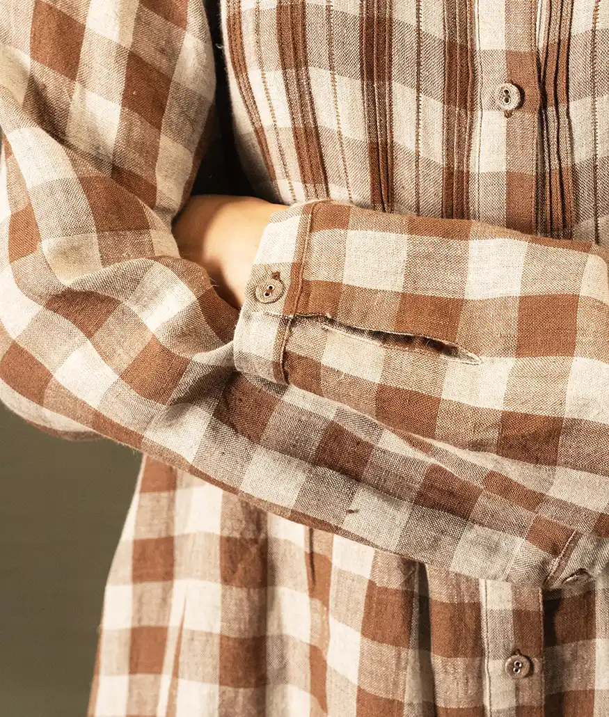 Handwoven Check Linen Dress – French Beige - Image 7