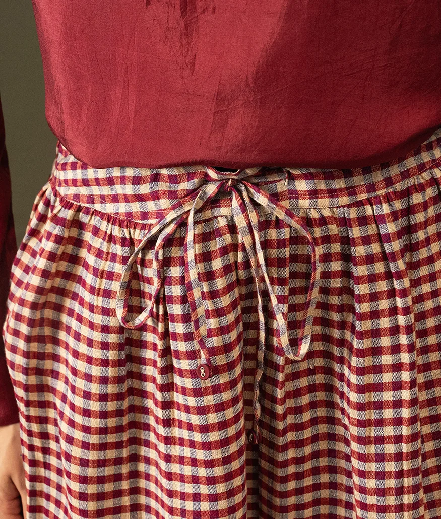 Handwoven Check Linen Skirt – Barn Red - Image 6