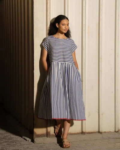 Navy Handwoven Cotton Silk Dress