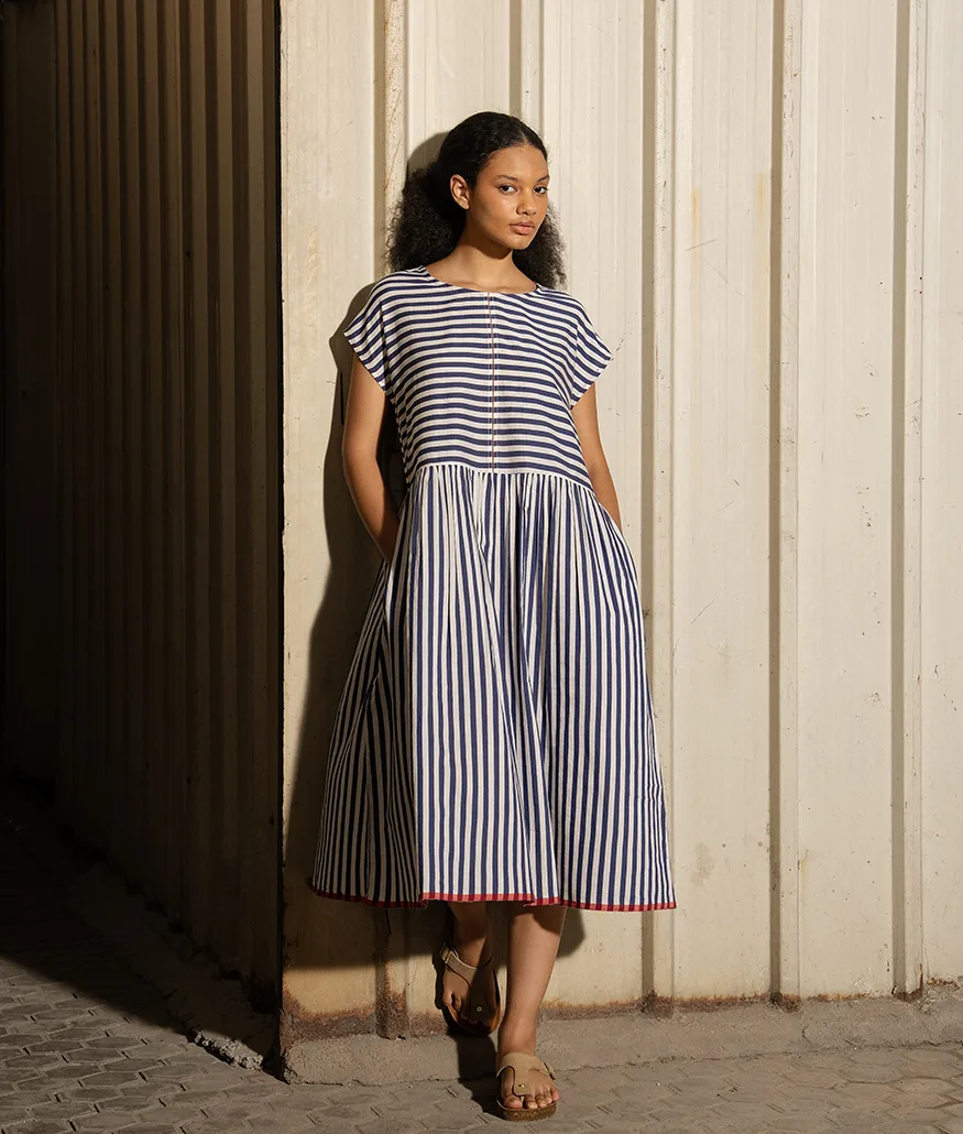 Navy Handwoven Cotton Silk Dress