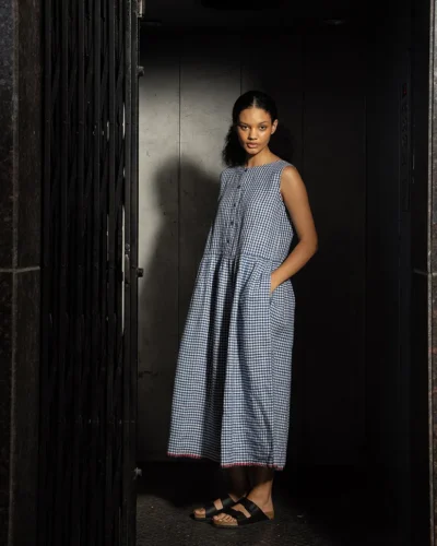 Cobalt Handwoven Linen Check Dress