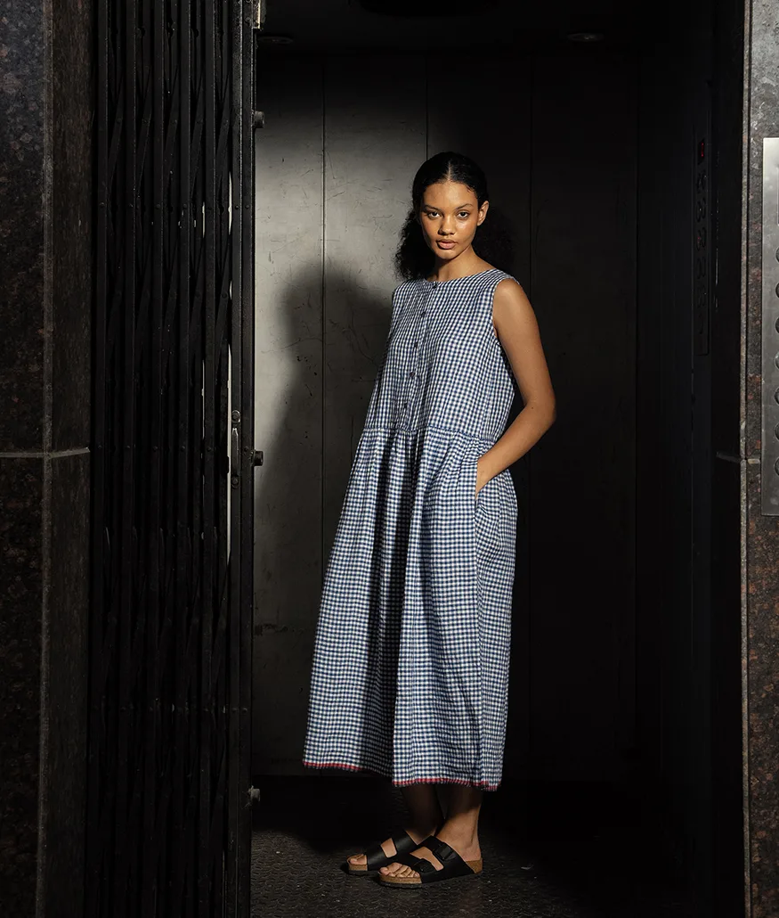 Cobalt Handwoven Linen Check Dress