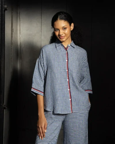 Cobalt Handwoven Linen Check Blouse