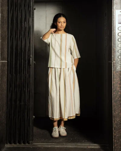 Ecru Handwoven Striped Cotton Top