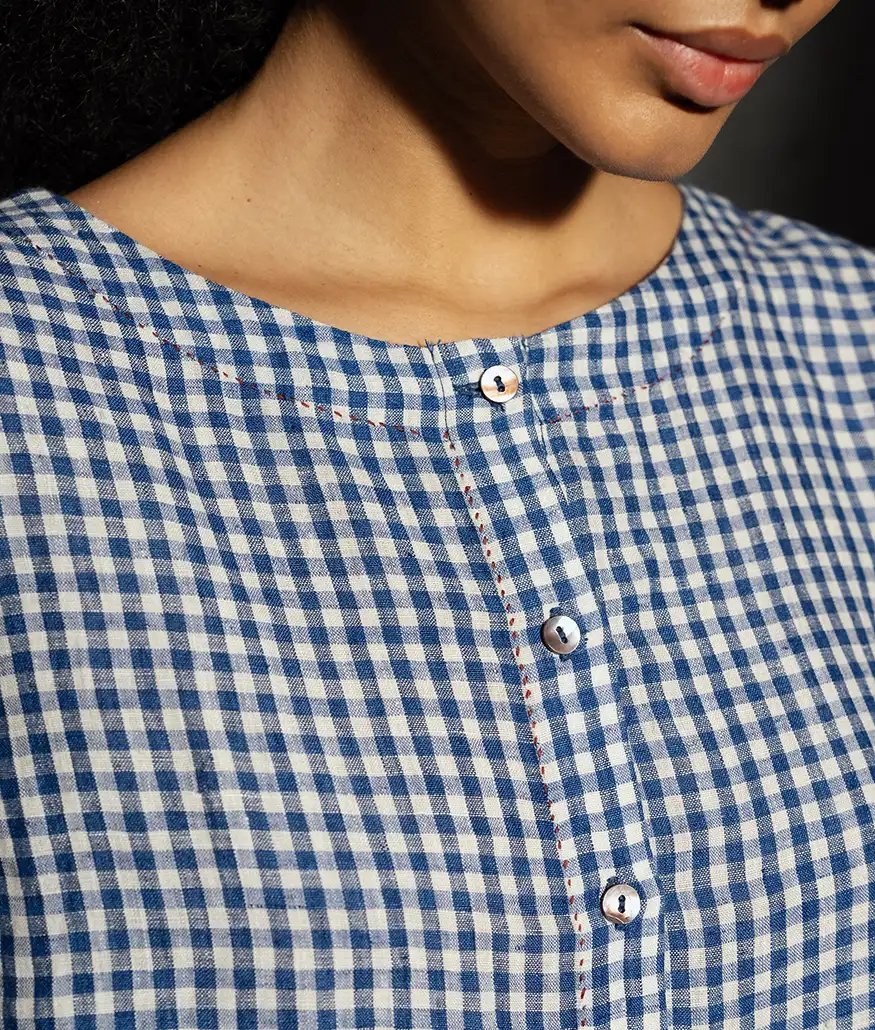 Cobalt Handwoven Linen Check Dress - Image 5