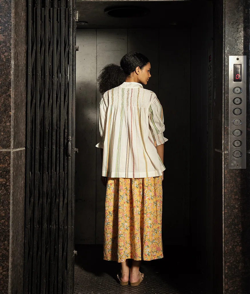 Ecru Handwoven Cotton Striped Top - Image 2