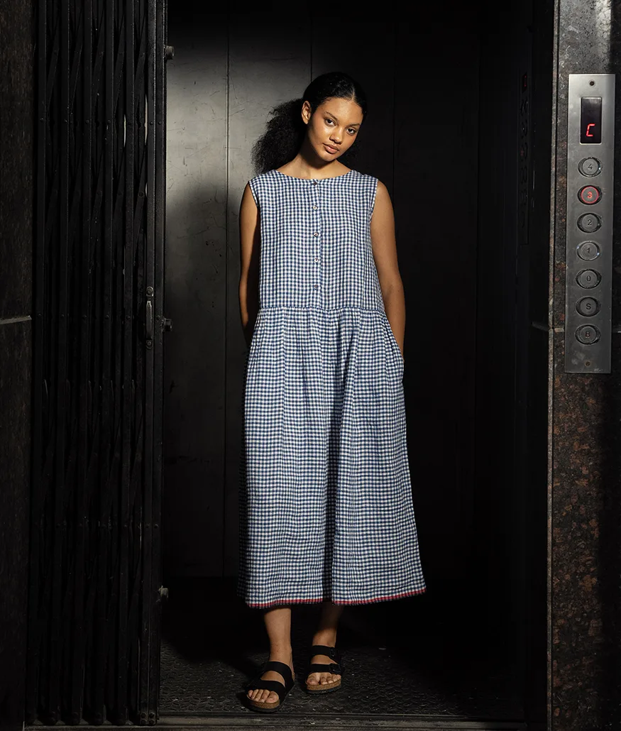 Cobalt Handwoven Linen Check Dress - Image 6