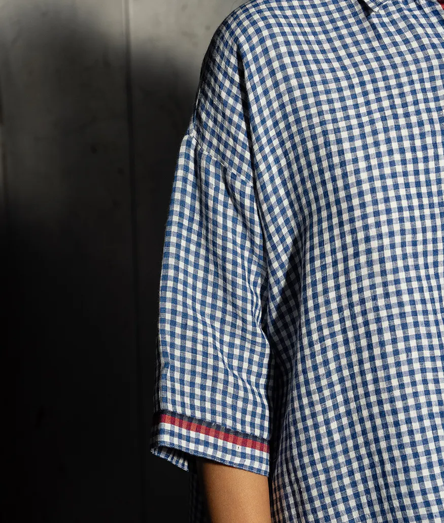 Cobalt Handwoven Linen Check Blouse - Image 3