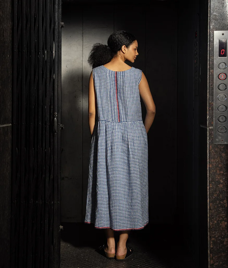 Cobalt Handwoven Linen Check Dress - Image 2
