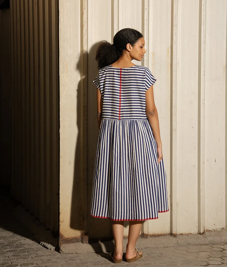 Navy Handwoven Cotton Silk Dress - Image 2