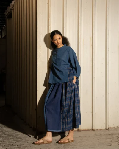 Indigo Handwoven Cotton Lurex Check Blouse
