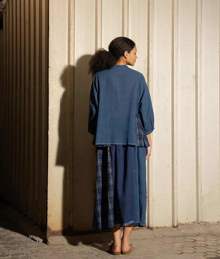 Indigo Handwoven Cotton Lurex Check Blouse - Image 2