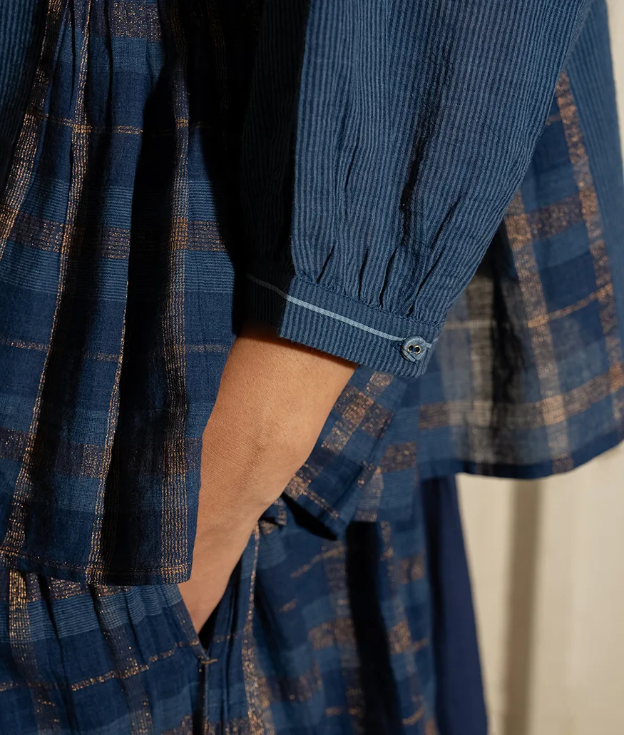 Indigo Handwoven Cotton Lurex Check Blouse - Image 4